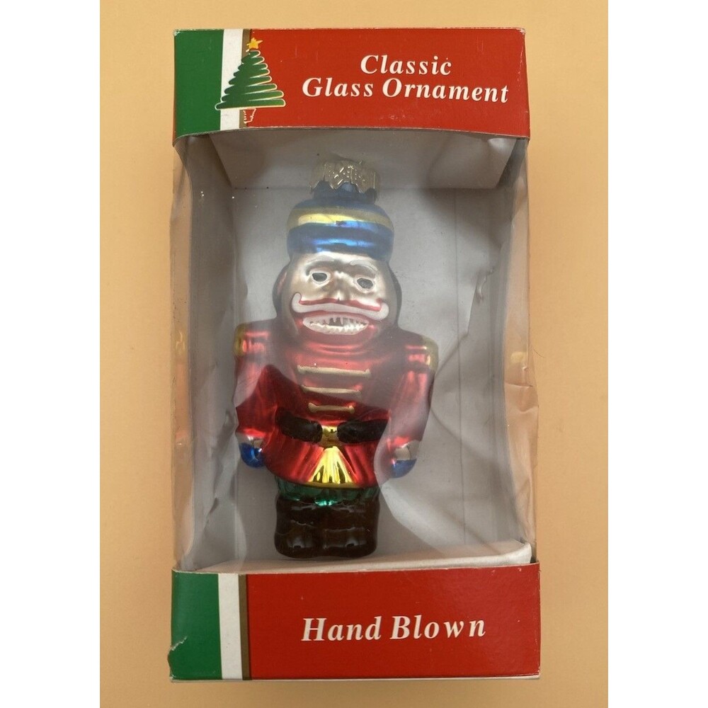 Classic Hand Blown Glass Nutcracker Christmas Tree Ornament In Box Vintage.